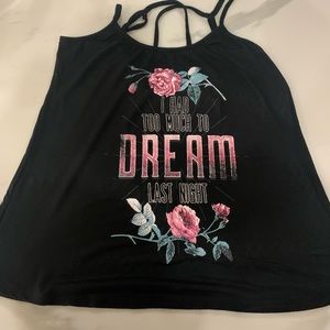 Black tank top with colourful writing